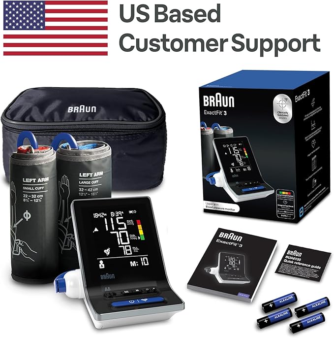 Braun ExactFit 3 Blood Pressure Monitor for Home Use, Blood Pressure Machine, Color-Coded, High BP Monitor, 2 Upper Arm Cuff Sizes, 80 Memory Slots