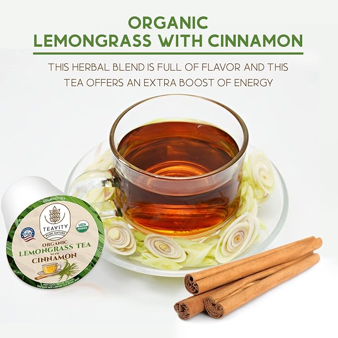 Teavity Organic Lemongrass and Cinnamon Tea Pods for Keurig - Naturally Decaffeinated Herbal Tea Blend (36 Pods)
