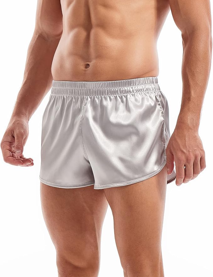 AMY COULEE Mens Satin Shorts Silk Boxers Sexy Split Side Lounge Shorts 3 Inch Pajama bottoms