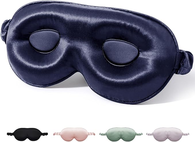 100% Pure Mulberry Silk Sleep Mask, 3D Contoured Cup Eye Mask for Sleeping, 22 Momme Super Soft Breathable Blindfold, Adjustable Blackout Travel Silk Eye Cover Blue