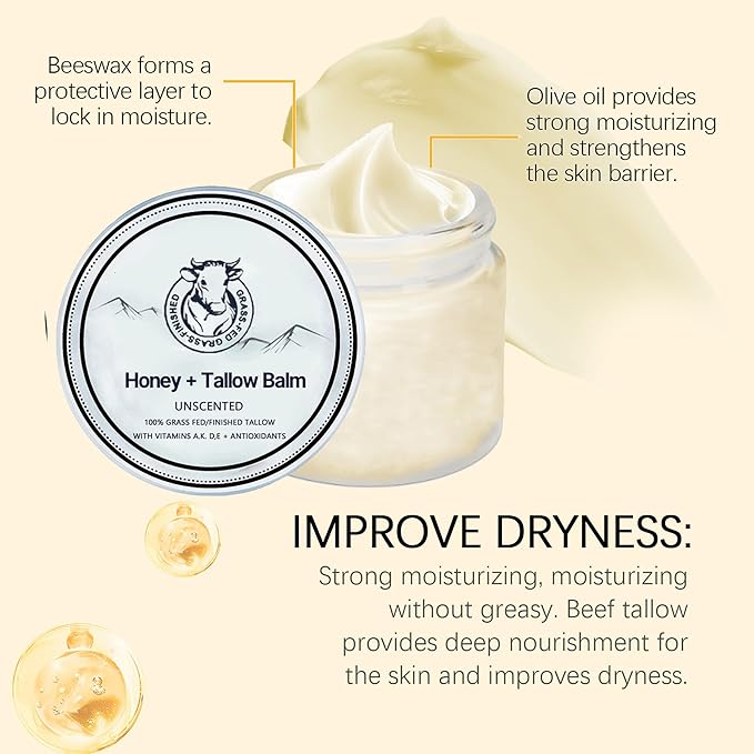 Grass Fed Honey & Tallow Balm, Grass Fed Beef Tallow Manuka Honey Cream, Miracle Tallow Balm Face and Body For Skin, Organic Moisturizing Cream Smooth Skin