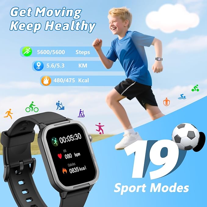 Kids Smart Watch for Boy Girl, Kids Watches with 19 Sport Modes, Heart Rate, Sleep Monitor, Pedometer, Alarm Clock, IP68 Waterproof Fitness Tracker, Gift for 6-16 Year Old Boys Girls Toys (Black)