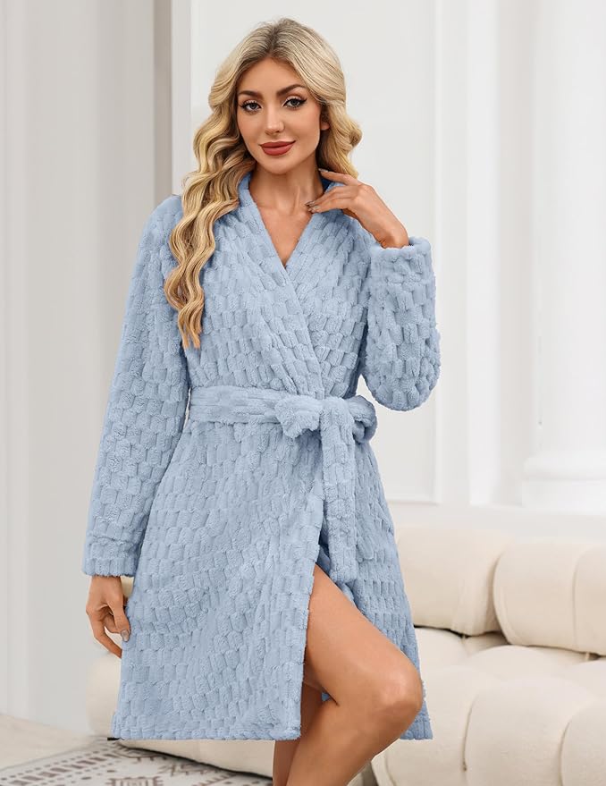 Ekouaer Women's Robes Short Plush Bathrobe Knee Length Warm Soft Jacquard Robe Winter House Coat with Pockets S-XXL