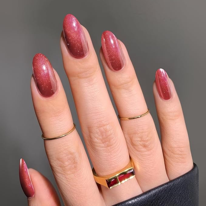 GLAMERMAID Magnet Cat Eyes Dark Red Press on Nails Short Almond, Handmade Jelly Gel Fake Nail Set, Ombre Glitter Magnetic Glue on Nail Stiletto, Scarlet Medium Oval Stick on False Nail Set for Women
