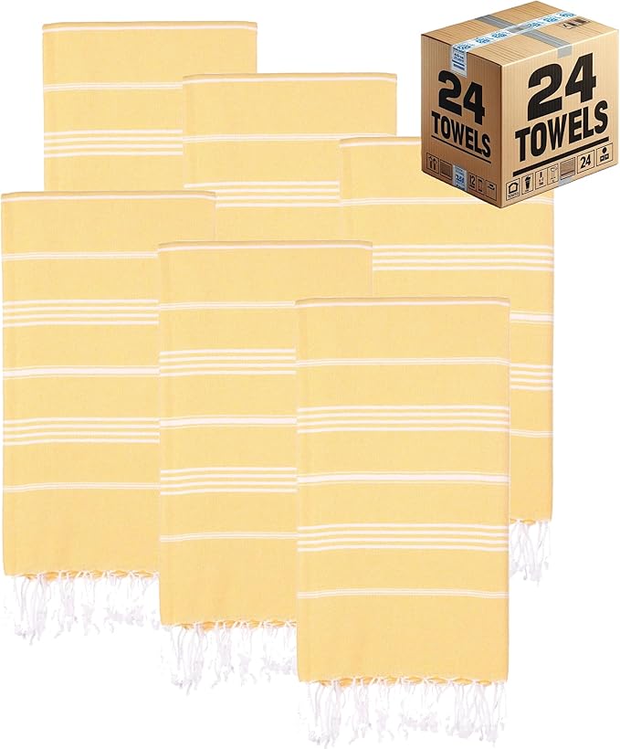 Turkish Beach Towels, Bulk Case of 24 | Oversized, Quick Dry, Sand Free | 100% Cotton, Large 38x71 Towels for Beach, Pool, Travel | Ultra-Soft, Compact, Absorbent | Yellow