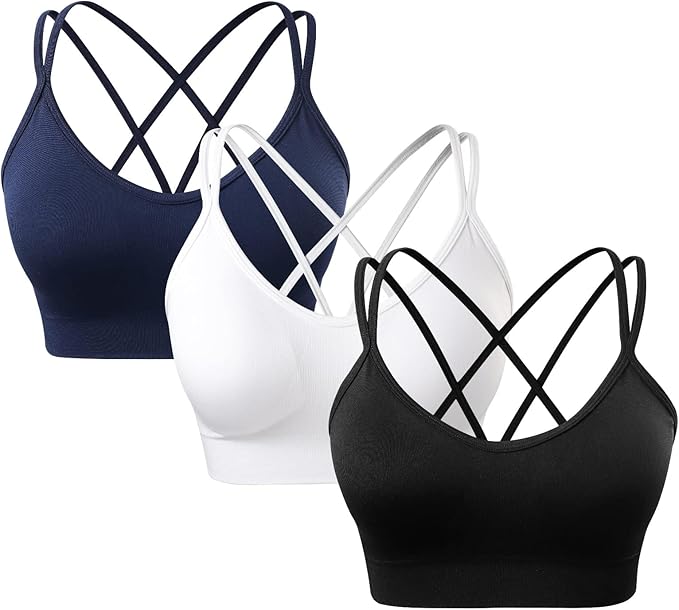 Women's Cross Back Sports Bra Padded Strappy Medium Support Yoga Bra for Workout Fitness 3 Pack