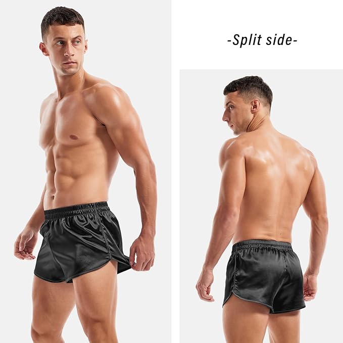 AMY COULEE Mens Satin Shorts Silk Boxers Sexy Split Side Lounge Shorts 3 Inch Pajama bottoms