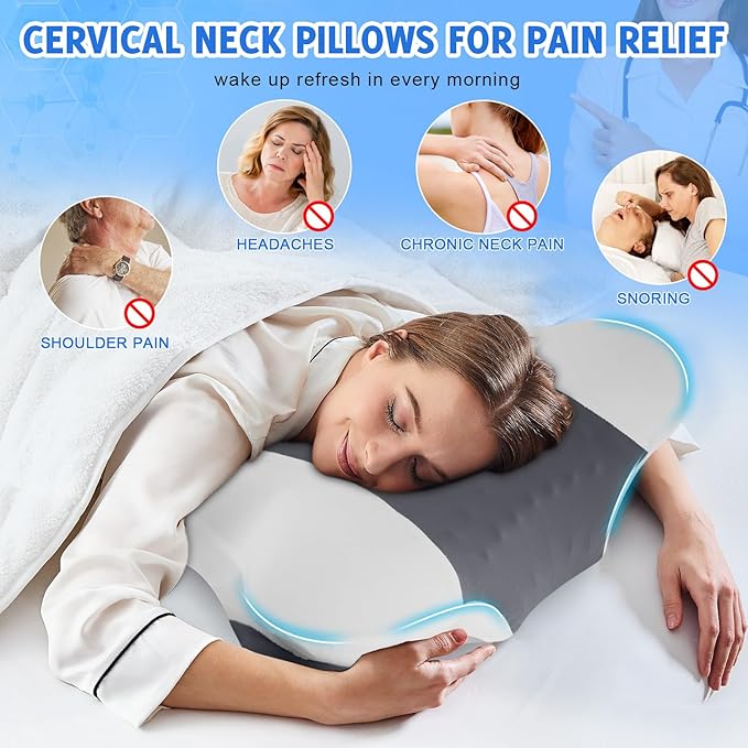 Cervical Neck Pillows with Memory Foam - Ergonomic Neck Support Pillows for Pain Relief Contour Memory Foam - Adjustable Orthopedic Bed Pillows with Cooling Pillowcase for Sleeping - Dark Grey