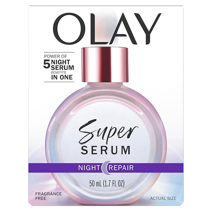 Olay Super Serum Night Repair, Fragrance-Free - Niacinamide, Peptide, Salicylic & Lactic Acid, Glycerin - 5-in-1 Skin Care Benefits - Hydrating, Evens Tone, Reduces Dark Spots, Anti-Aging, 1.7 Oz