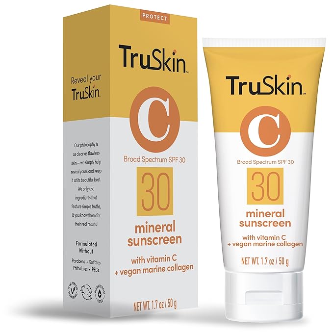 TruSkin Mineral Sunscreen SPF 30 – Broad Spectrum Mineral Sunscreen for Face with Zinc Oxide, Vitamin C & Vegan Marine Collagen – Lightweight SPF for Sensitive Skin, 1.7 fl oz