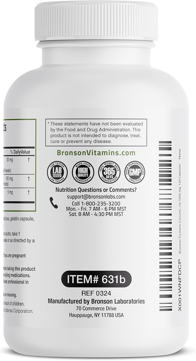 Bronson Turmeric Curcumin with BioPerine - High Potency Premium Joint Support with 95% Standardized Curcuminoids - Non-GMO Capsules with Black Pepper - 120 Count