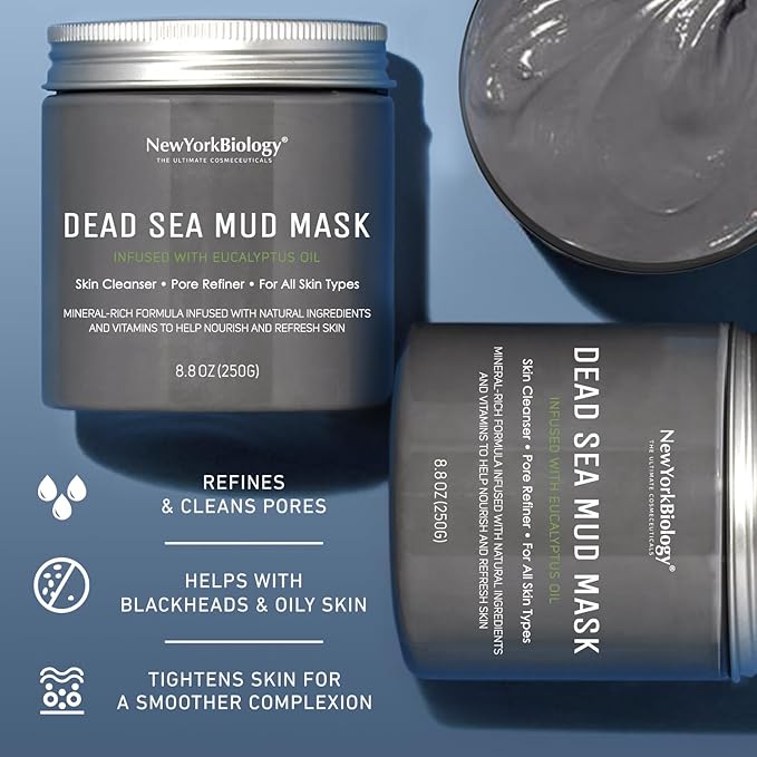 New York Biology Dead Sea Mud Mask for Face and Body | with Eucalyptus | Spa Quality Pore Refiner for Oily Skin | Natural Skincare for Women & Men | Tighten Skin for A Healthier Complexion | 8.8 oz