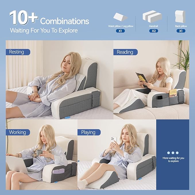 Kayfia Reading Pillow, 10 in 1 Back Pillow for Bed Sitting up with Detachable Arms Rest, Back Rest Pillow with Gel Memory Foam, Husband Pillow for Reading/Gaming/Working in Bed or Couch 19", White