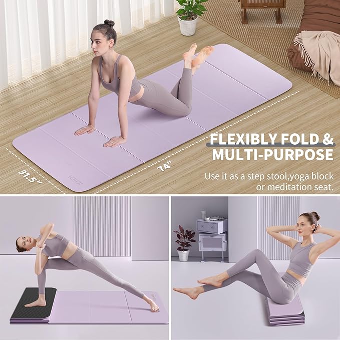 8mm Extra Large Foldable Yoga & Fitness Mat(74" x 31.5" x 0.32"), Double-Sided Non Slip & Lightweight Pilates Mat, Thick Wide Exercise Mats for Woman Man Kids, Portable Workout Mats for Travel, Studio or Home Use