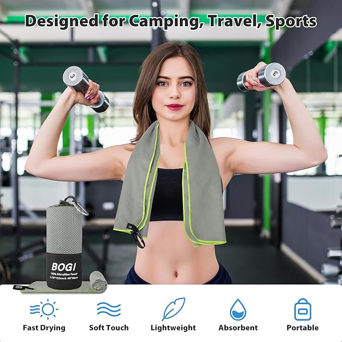 BOGI Microfiber Travel Sports Towel-Quick Dry Towel, Soft Lightweight Microfiber Camping Towel Absorbent Compact Travel Towel for Camping Gym Beach Yoga Swimming Backpacking (S:16''x32'',2Pcs-Grey)