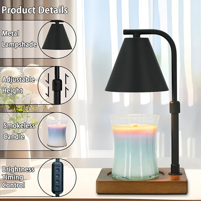 SOKCVSEA Candle Warmer Lamp - Birthday Gifts for Women Candle Lamp Warmer with Timer Height Adjustable, House Warming Gifts New Home Decor, Wax Melt Candle Warmer with 2 Bulbs 1-Black