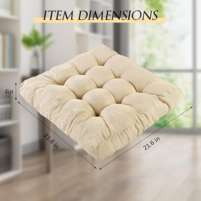 Meditation Floor Cushions Set of 2, Thickened Floor Pillow for Adults, Large Square Pillows Seat Cushion for Tatami Living Room Yoga, Memory Sponge Block Added, 22x22 Inch, Beige