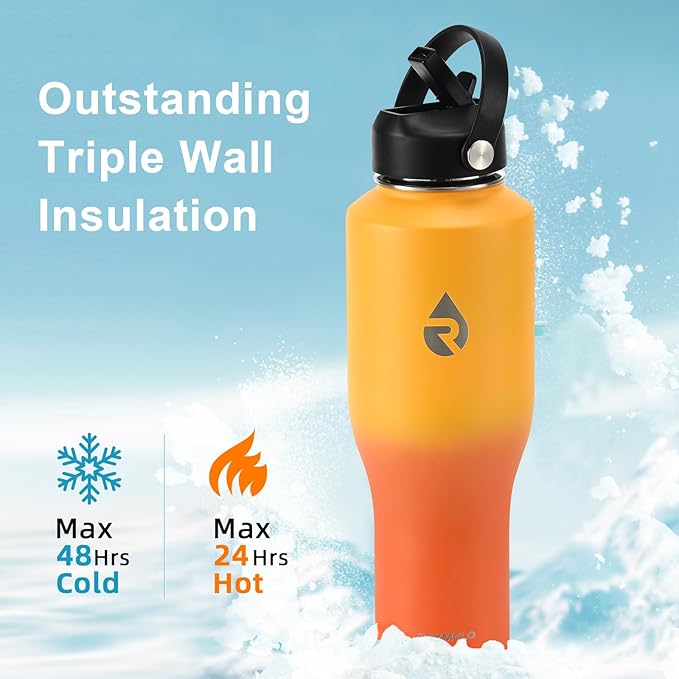 40 oz Insulated Water Bottle with Straw fit in Car Cup Holder, Triple Wall Vacuum Stainless Steel(Cold 48 hrs, Hot 24 hrs), Leakproof & Non-BPA, Hydro Travel Flask with Straw and Spout Lid