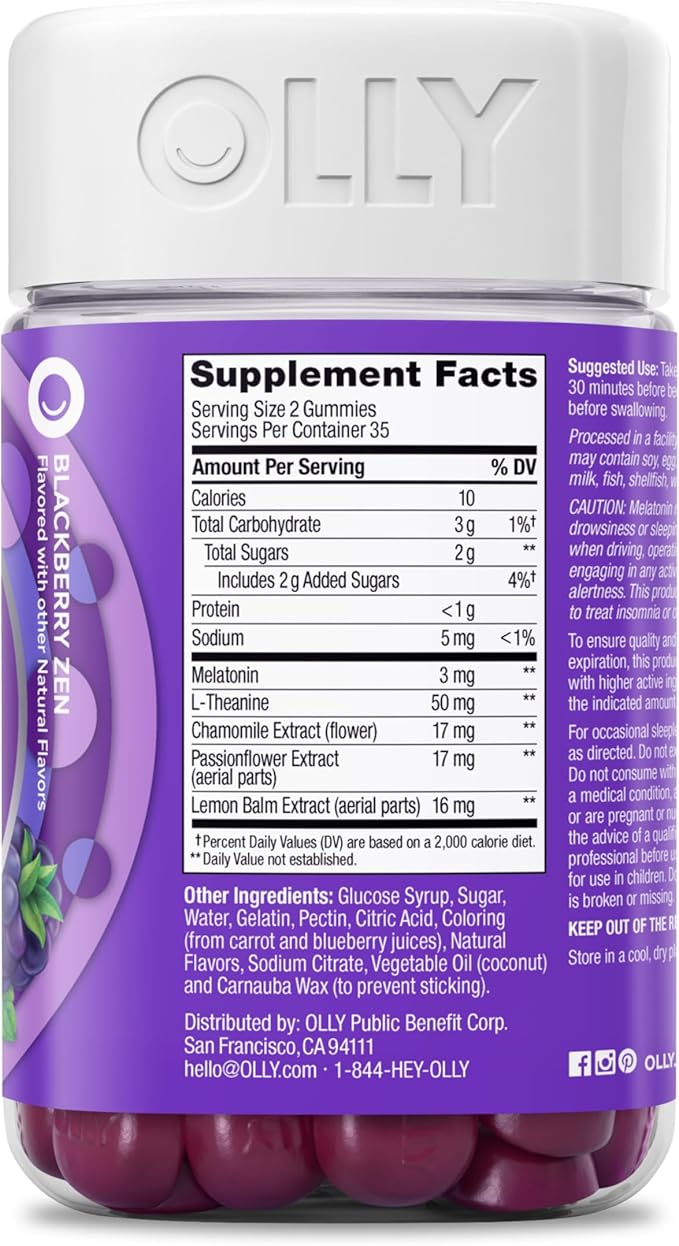 OLLY Sleep Gummy, 3 mg Melatonin, L-Theanine, Chamomile, Lemon Balm, Sleep Aid, Blackberry - 70 Count