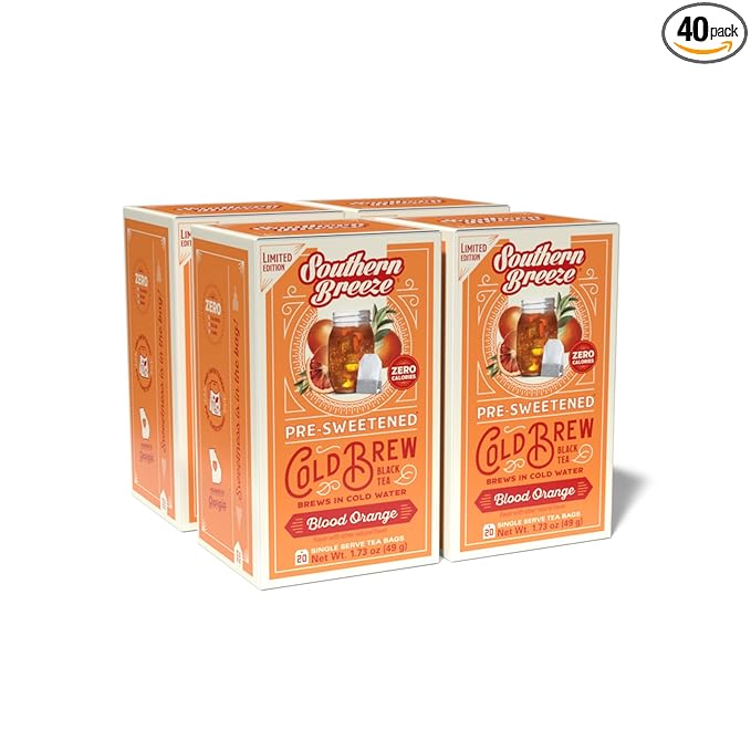 Southern Breeze Cold Brew Sweet Tea Blood Orange Iced Tea with Black Tea and Zero Carbs Zero Sugar, 20 Individually Wrapped Tea Bags (Pack of 4) Southern Sweet Tea Iced Tea Beverage