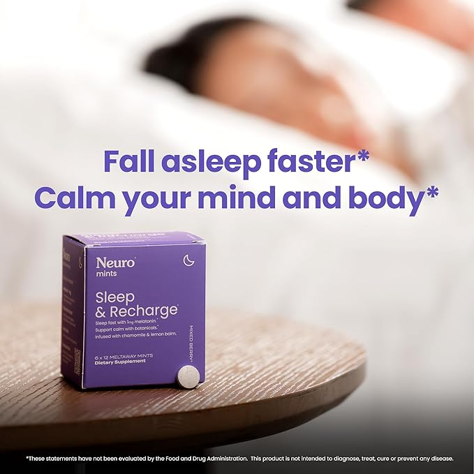 NeuroGum Sleep & Recharge Meltaway Mints | 1mg Melatonin + Chamomile + Elderberry + Lemon Balm + Passion Flower | Natural Sugar Free Rest & Relaxation Supplement (Mixed Berry, 72 Pieces)