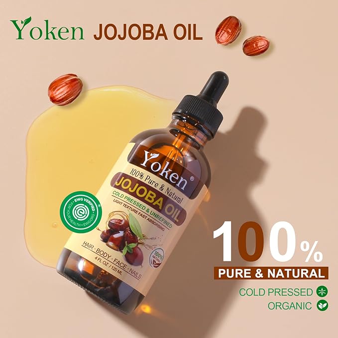Yoken Jojoba Oil 4 fl oz EWG Verified 100% Pure Jojoba Oil Cold Pressed for Skin, Hair, Nails, Cuticles - Unrefined & Hexane Free, Natural Moisturizer Carrier oils Facial Serum for Gua Sha
