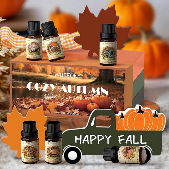 Fall Essential Oil for Diffusers, Autumn Fragrance Oil Set, Aromatherapy Oils Gift Set for Candle Soap Making - Apple Cider, Nutmeg, Snickerdoodle, Vanilla, Forest Pine, Pumpkin Spice, 6x10ml