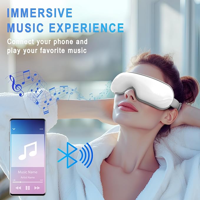Eye Massager with Heat & Bluetooth Music - Rechargeable Eye Mask for Migraine Relief & Sleep Improvement,Includes EVA Travel Case, Gift for Mom/Dad (Mother's Day/Birthday)