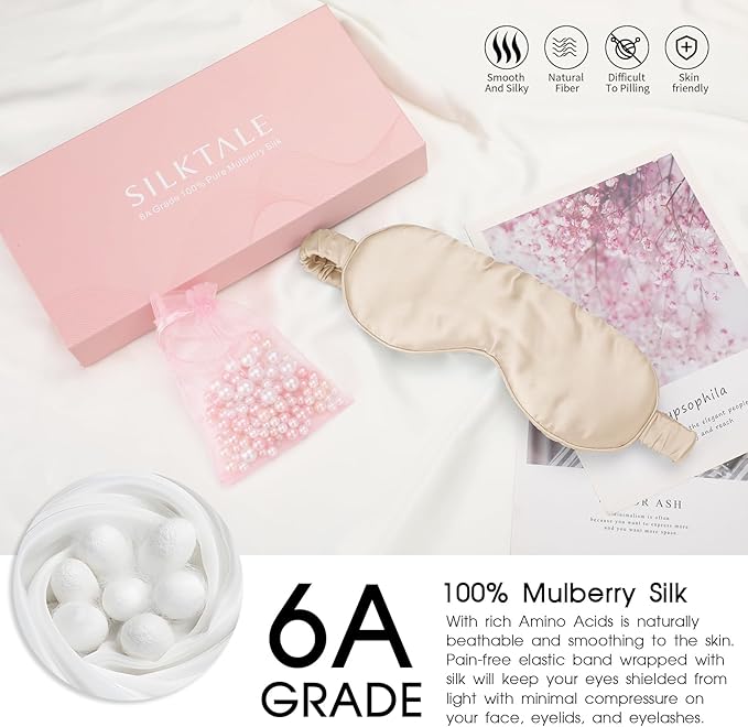 Soft Real Silk Light Blocking Cooling Sleep Eye Mask for Women/Men/Travel/Airplane,Beige