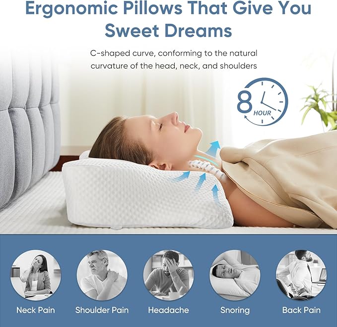 DUMOS Cervical Neck Pillow Set of 2, Memory Foam Contour Pillow with Arm Rest Slot and Soft Breathable Pillowcase, Ergonomic Dual-Height Orthopedic Support for Side, Back, and Stomach Sleepers, White