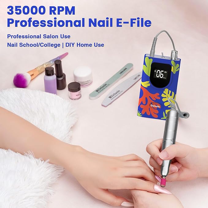 Delanie Professional Nail Drill High Torque 35000 RPM Rechargeable Portable Electric Nail File Filer for Acrylic Gel with Cuticle Bits, Salon Manicure Tool, Matisse Blue