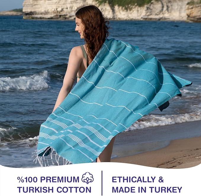 Turkish Beach Towels, Bulk Case of 24 | Oversized, Quick Dry, Sand Free | 100% Cotton, Large 38x71 Towels for Beach, Pool, Travel | Ultra-Soft, Compact, Absorbent | Teal