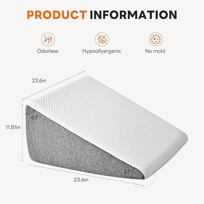 Sweetcrispy Wedge Pillow, Body Pillow for Sleep Apnea, Neck Pain Relief, Post Surgery, Sleeping Comfort, Acid Reflux, Heartburn, Back Pain Relief and Snoring, 12Inch, White& Grey