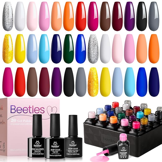 Beetles Winter Gel Nail Polish Set - 20 Pcs Neon Nail Gel Polish Set Soak Off Uv LED Gold Sliver Glitter Nail Polish Kit Blue Pink Black White Uv for Nail Art Salon Christmas Gift for Women