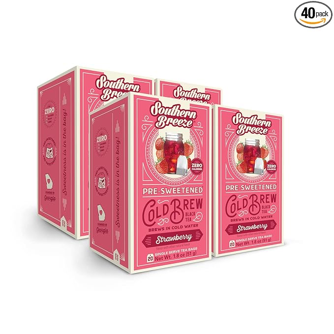 Southern Breeze Cold Brew Sweet Tea Strawberry Iced Tea with Black Tea and Zero Carbs Zero Sugar, 20 Individually Wrapped Tea Bags, Pack of 4