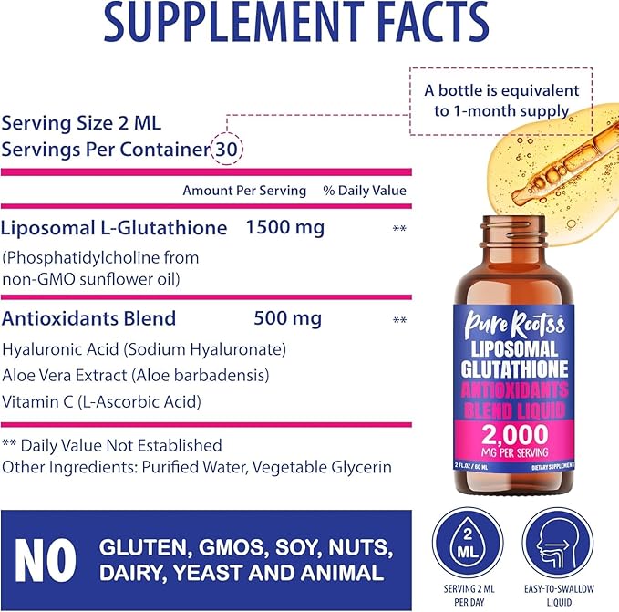 Liposomal Glutathione Liquid Supplement, 98% Absorption, with Vitamin C, L- Glutathione, 2 Fl Oz (Pack of 1)
