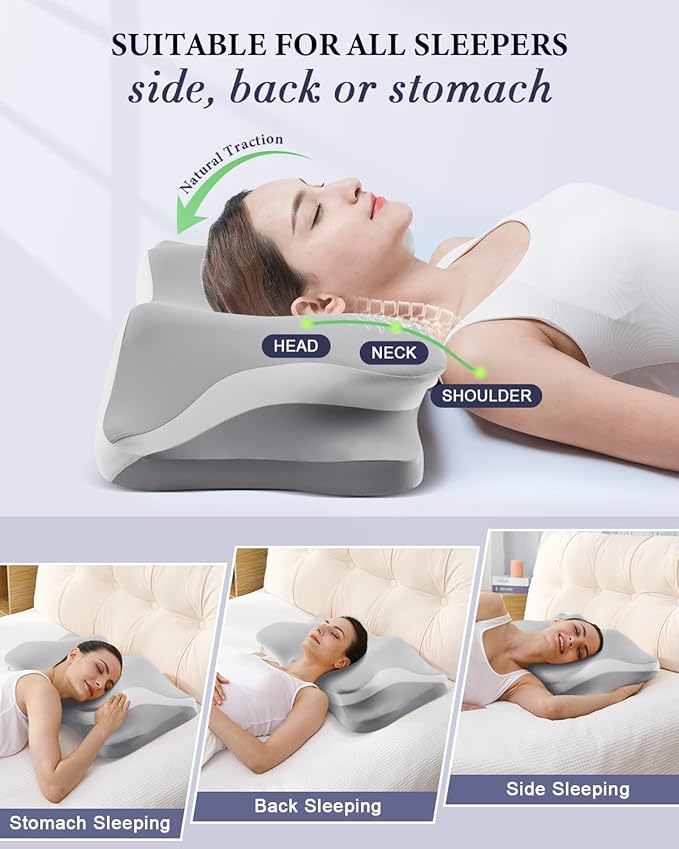 Cervical Neck Pillow for Pain Relief, Cooling Ergonomic Memory Foam Pillows for Sleeping with Luxury Breathable Pillowcase, Contour Orthopedic Neck Support Pillow for Side Back Stomach Sleepers-Grey