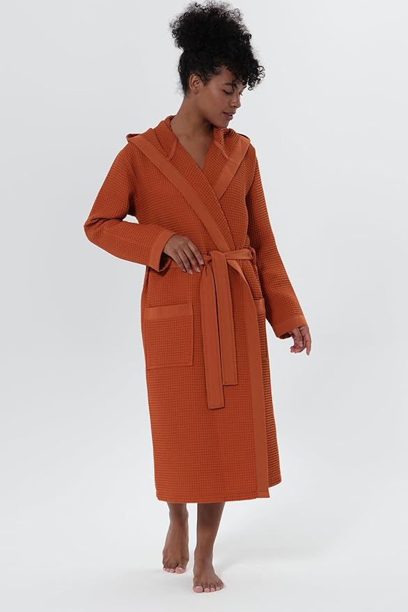 SEYANTE Womenโs Luxury Waffle Shawl Collar, Hooded Robe w Piping โ Lightweight, Long, Ultra Soft Spa Sleepwear Bathrobe