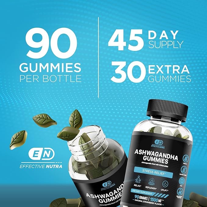 EFFECTIVE NUTRA Ashwagandha Gummies 1500mg | Stress Relief, Immune Support, Calm Mood, Energy | Natural Berry Flavor | 45-Day Supply | Vegan, Gluten-Free, Non-GMO | Supplement for Men & Women (90ct)