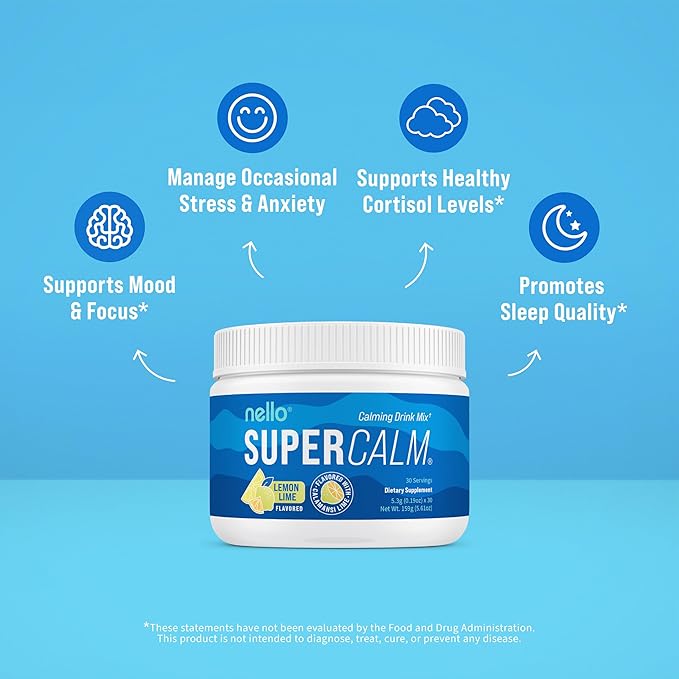 Nello Supercalm Powdered Drink Mix, Lemon Lime, L Theanine, Ksm-66 Ashwagandha, Magnesium Glycinate, Vitamin D 3, Supplements for Relaxation & Focus, Natural, No Sugar, Non GMO, 30 Srvgs