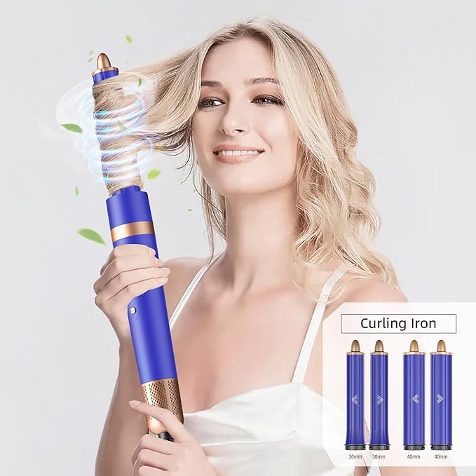 T-GOGO Hair Dryer Brush Professional: 6 in 1 Hot Air Hair Styler & Dryer Set, Powerful Hair Air Curling Iron High-Speed Negative Ionic Blow Dryer, Auto-Wrap, No Heat Damage (Blue)