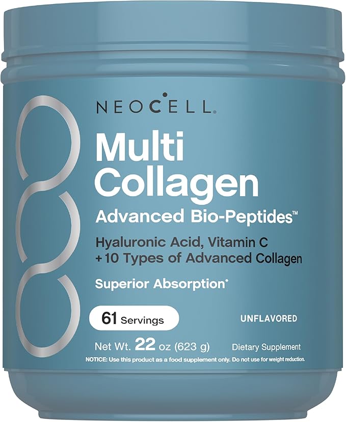 NeoCell Multi Collagen Bio-Peptides Powder | 22oz | Advanced with Hyaluronic Acid and Vitamin C | 10 Super Types of Collagen | Superior Absorption | Grassfed Protein Supplement |