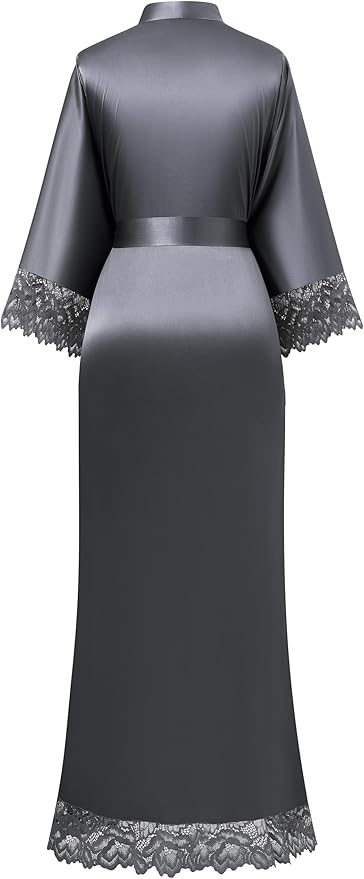 BABEYOND Satin Kimono Robe Silky Long Bridesmaid Wedding Lightweight Bath Robe with Lace Trim