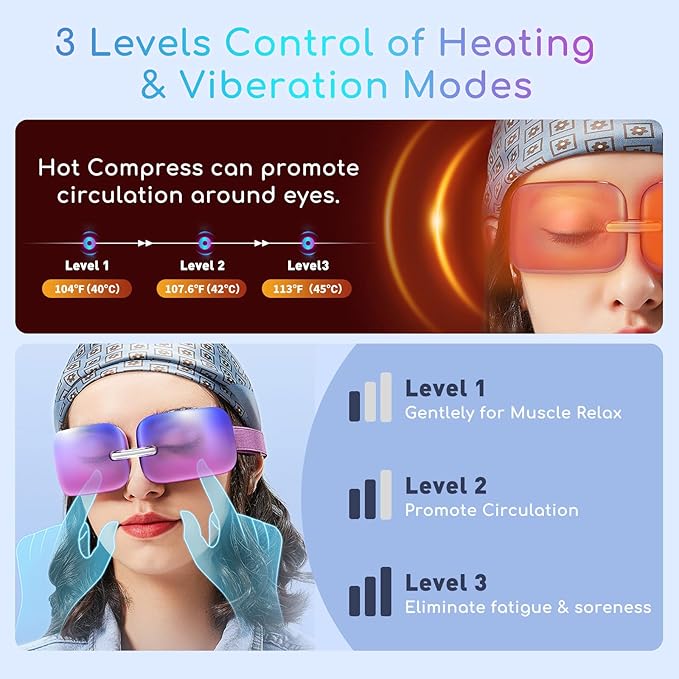Eye Massager with Heat and Vibration, Portable Pocket-Size Massaging Eye Mask, Relieve Dark Circles/Eye Fatigue Massage Dry Eyes, Eye Strain Relief for Office Work and Travel