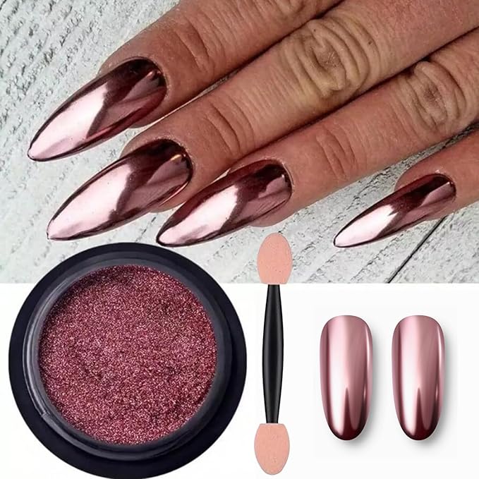 Holographic Mirror Nail Powders Chrome Gold Effect Pure Metallic Dust Sequins UV Gel Nail Chrome Pigment for Nail Art Decoration (Pink)