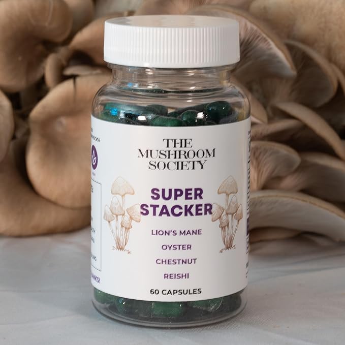Super Stacker - 4-in-1 Mushroom Supplement Wellness Blend - Lion’s Mane, Oyster, Chestnut & Reishi - Immune, Focus & Daily Vitality - 60 Vegan Capsules