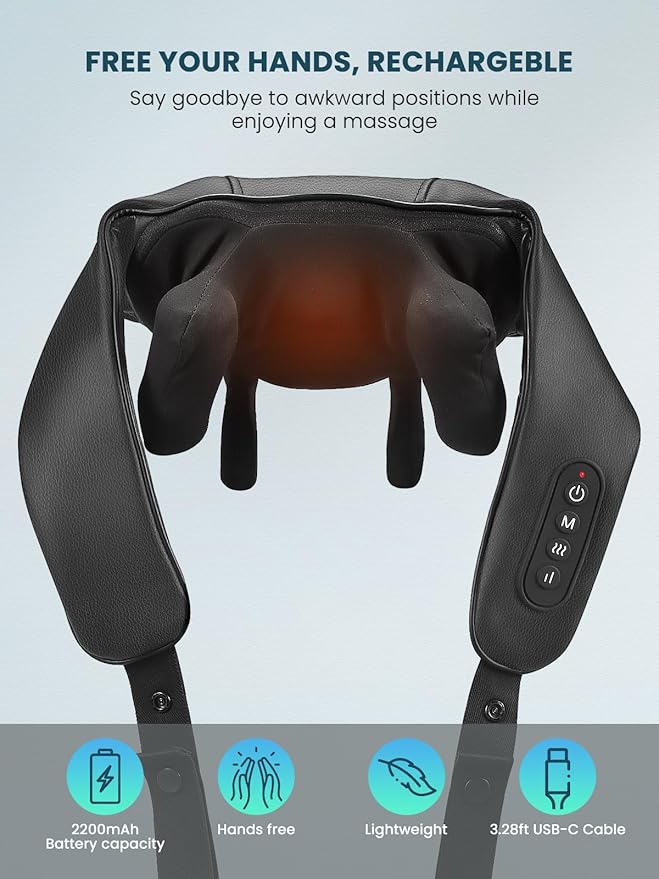 Cordless Shiatsu Neck Back Massager with Soothing Heat, USB C Rechargeable Deep Tissue 6D Kneading Electric Massage for Muscle Pain Relief, Lightweight and Hand-Free for Home, Office, and Car Use