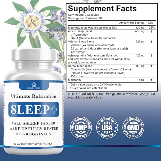 Relaxation Sleep Aid, Natural Non-Habit Forming, Sleep Supplement Developed to Support for Longer & Better Sleep, Chamomile, Magnesium, Melatonin, Ashwagandha, GABA, Drug-Free (180 Count)