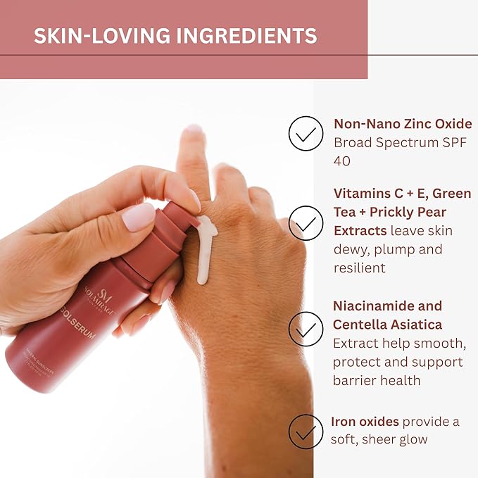Solserum Mineral Sunscreen SPF 40—Dermatologist-Formulated Facial SPF Serum with Non-Nano Zinc Oxide, Niacinamide & Antioxidants—Lightweight, Tint to Sheer Application, No White Cast, Dewy Finish