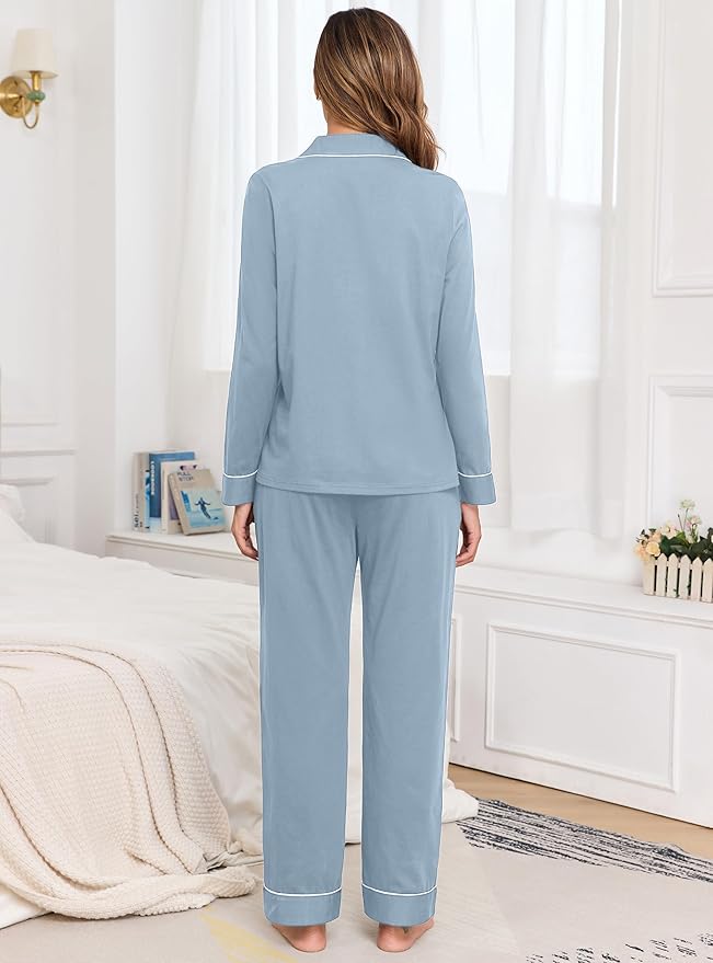 Veseacky 100% Cotton Pajamas for Women Set Long Sleeve Button Down Sleepwear Soft Pjs Lounge Sets with Pockets S-XXL